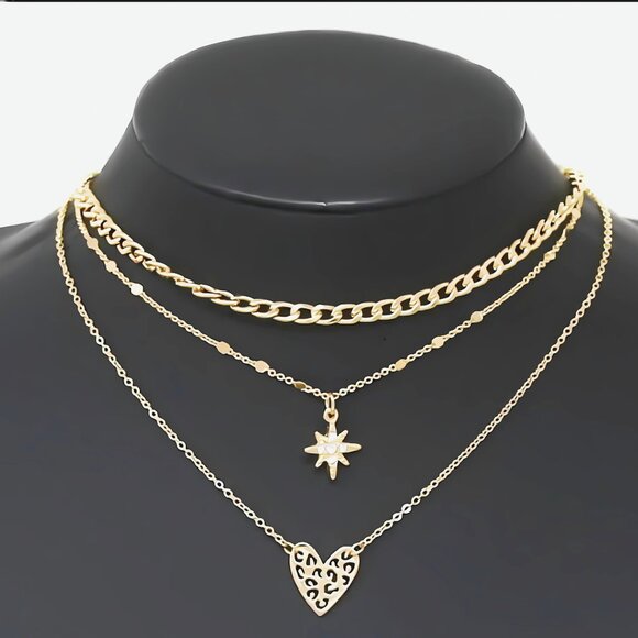 Gold Dipped Celestial Star Heart Pendant 3-Layer Boho Chain Necklace NEW - Picture 2 of 2